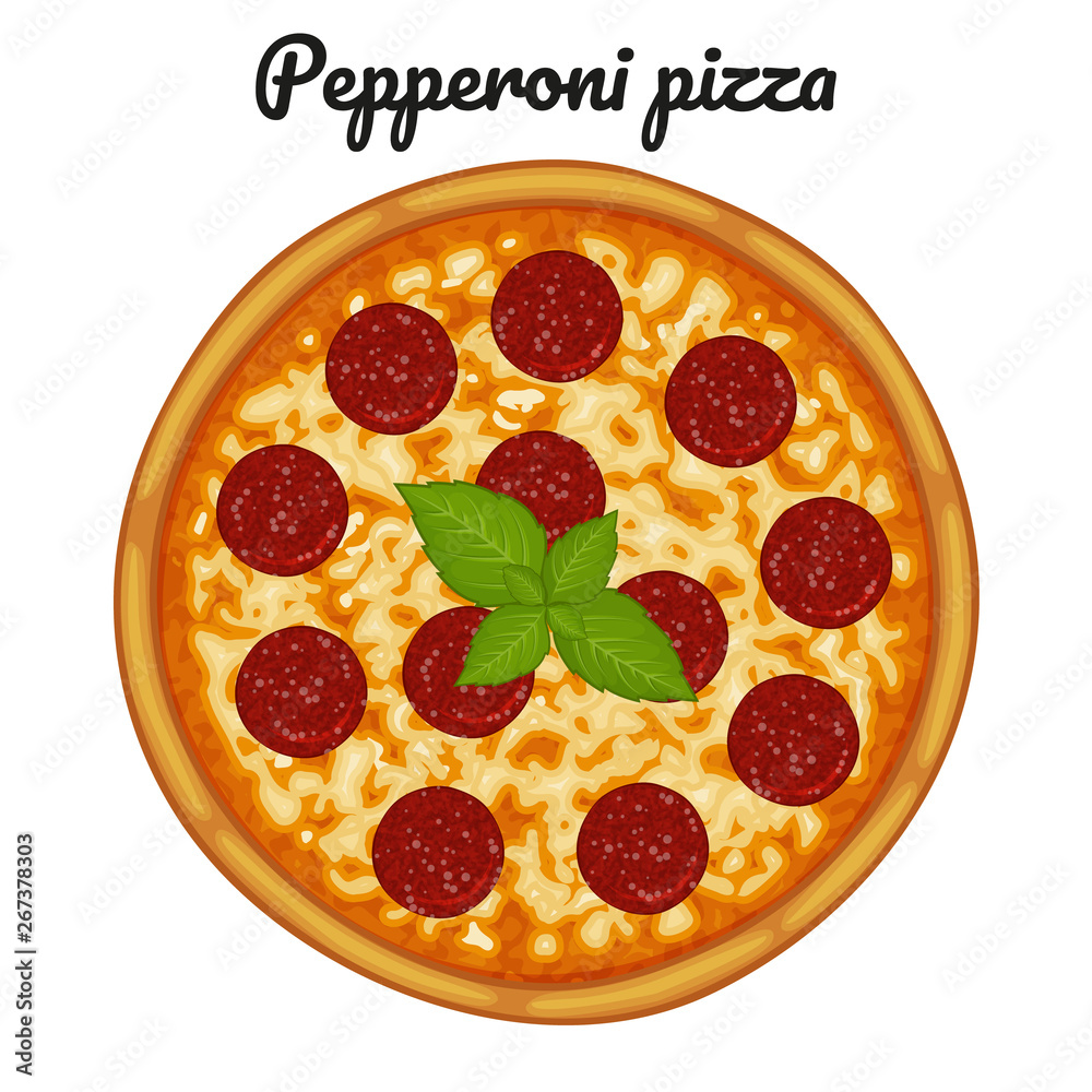 Pepperoni pizza with sausages. Object for packaging, advertisements, menu. Isolated on white. Vector