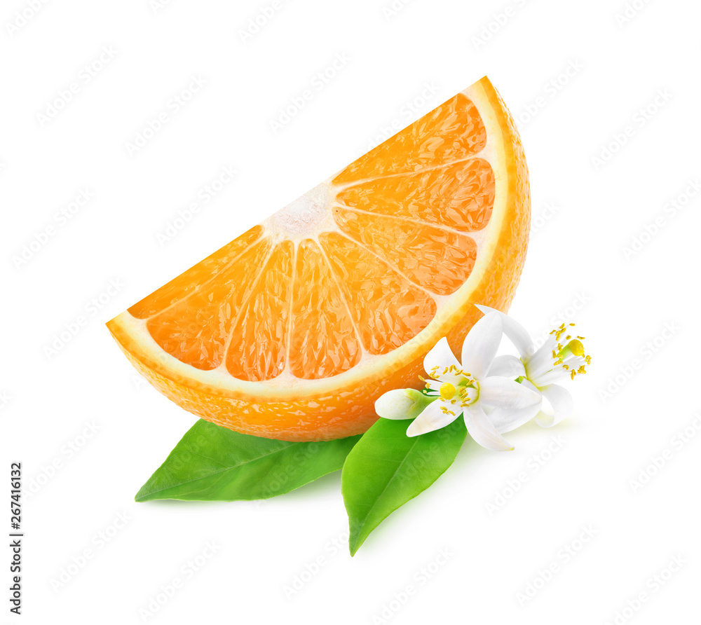 Isolated orange slice and blossoms. One piece of orange fruit with leaves and flowers isolated on wh