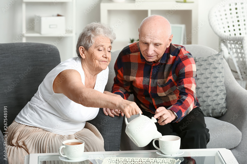 Portrait of senior couple drinking tea at home