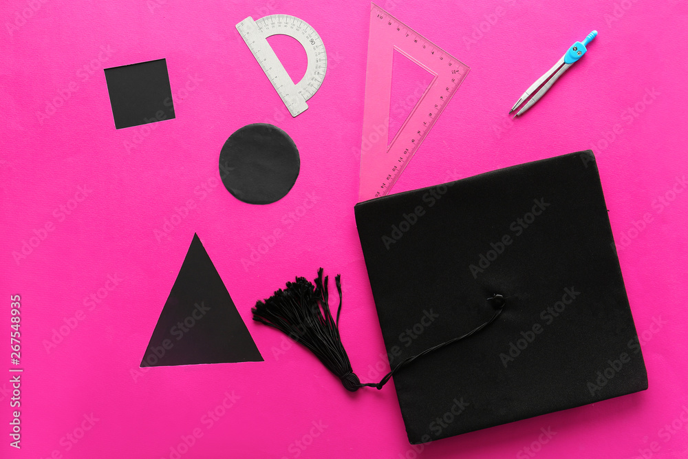 Mortar board with geometric figures on color background. Concept of high school graduation