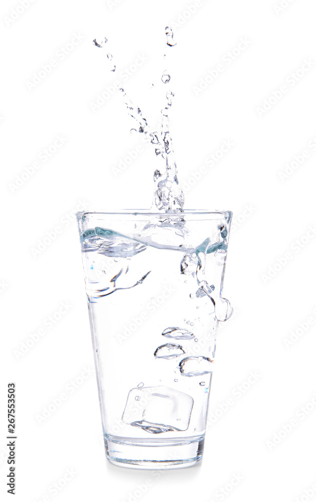 Glass of fresh water with splash on white background