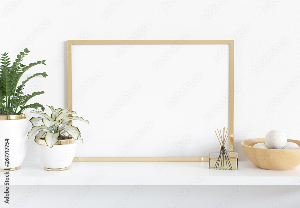金色框架靠在白色架子上，室内有植物和装饰，模拟3D渲染