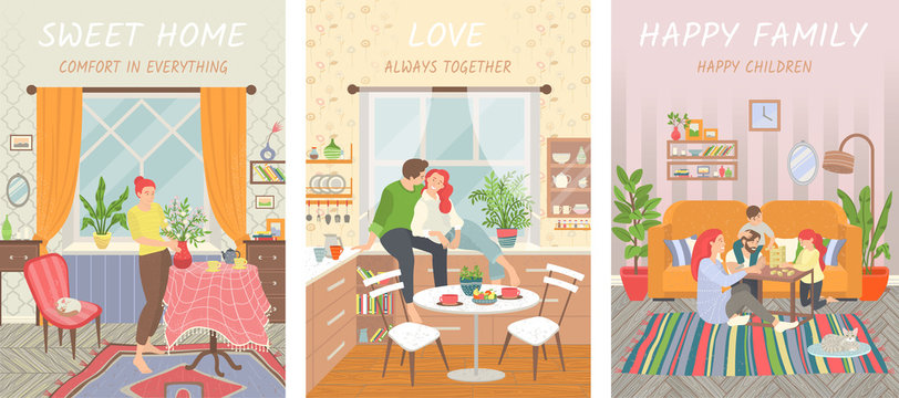 People at home vector, woman in room with comfortable furniture decorated with plants, couple in kitchen, family mother and father playing with kids, sweet home interior