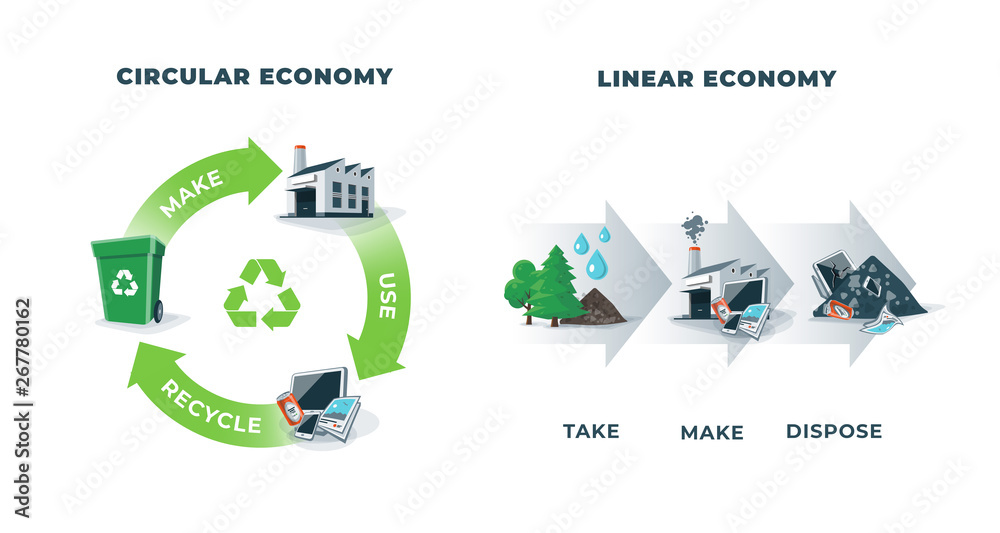 Comparing circular and linear economy showing product life cycle. Natural resources taken to manufac