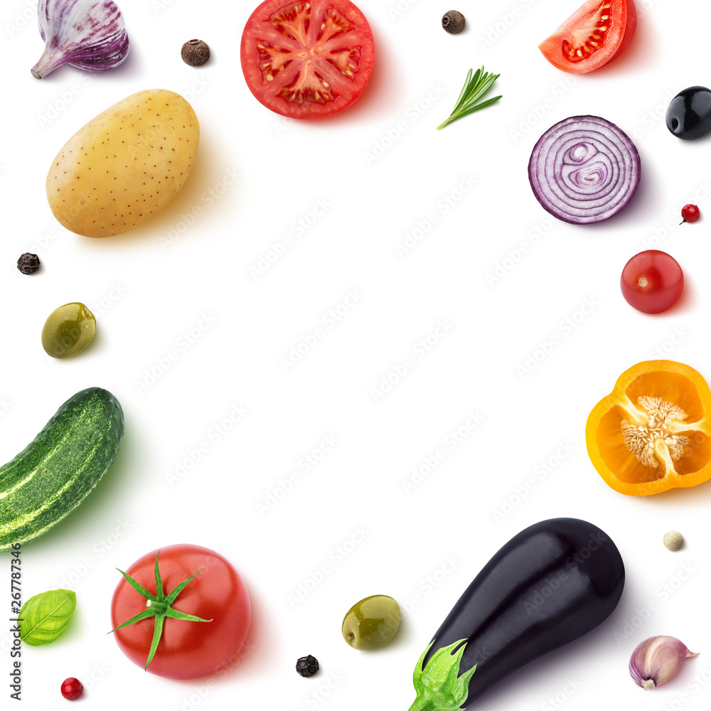 隔离在白色背景上的蔬菜，俯视图，圆形蔬菜框架，有用于特克斯的空位