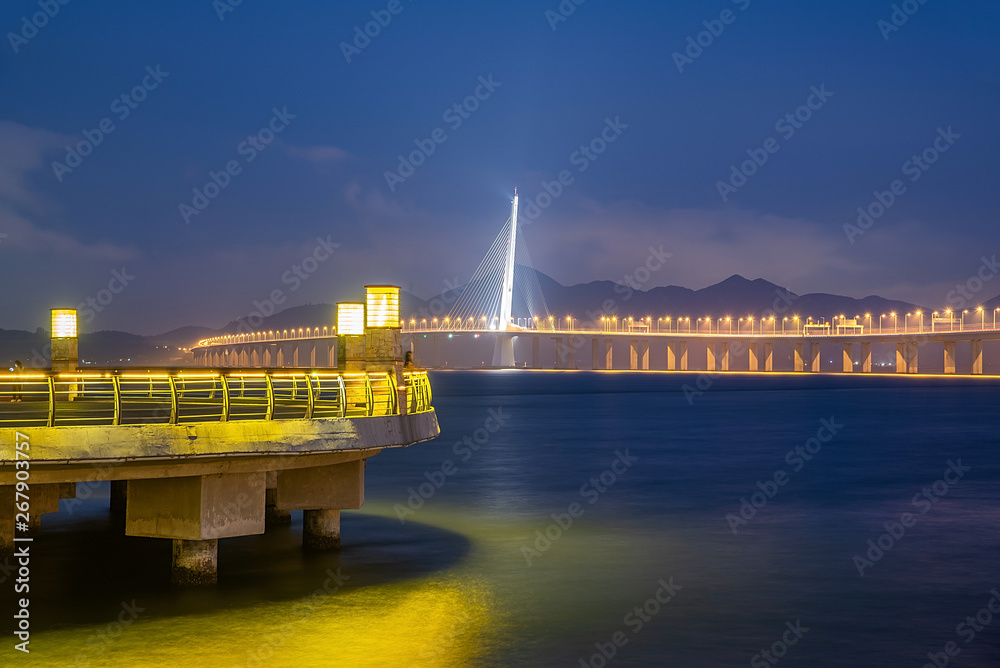 Night view of Guanhai Bridge and Shenzhen Bay Highway Bridge in Guanwan Park, Shenzhen Bay, Guangdon