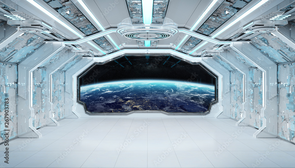 白蓝色太空船未来主义内饰，带地球三维渲染窗口
