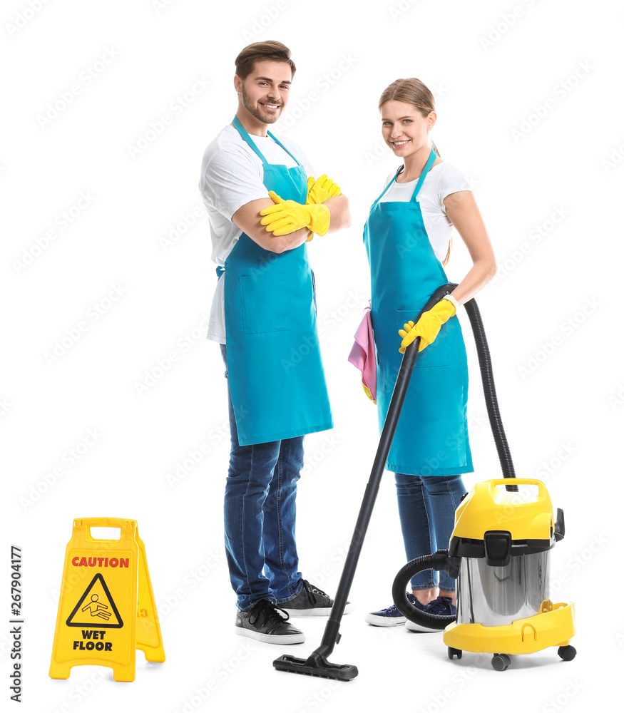 Team of janitors on white background