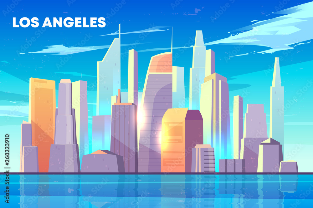 Los Angeles city skyline with illuminated by sun skyscrapers buildings on seashore, houses reflectio