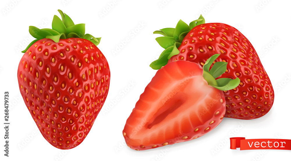 草莓矢量化图像。新鲜水果。三维逼真矢量图标