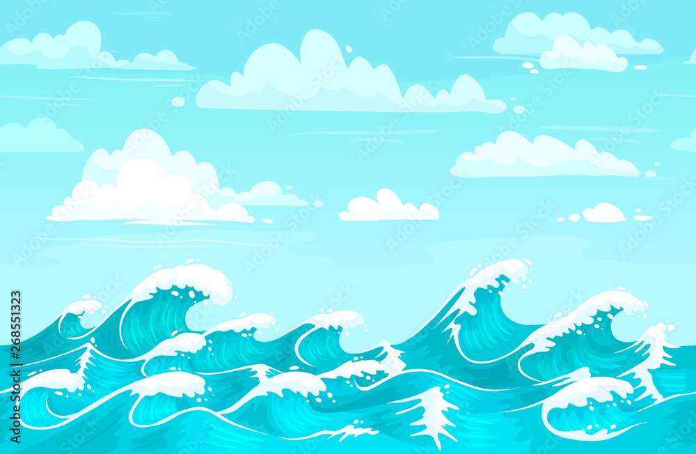 Ocean waves backdrop. Sea water, storm wave and aqua seamless cartoon vector background illustration