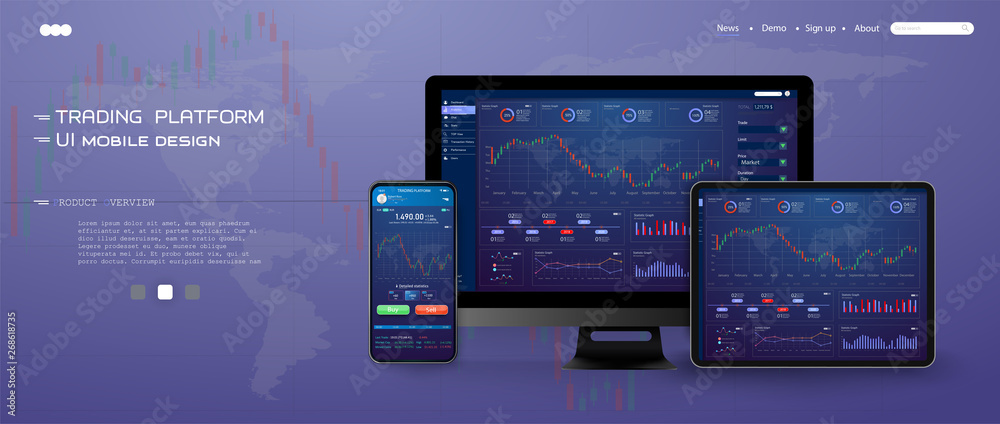 Trade UI, great design for any purposes. Trade concept. Web site screen template. forex market, news