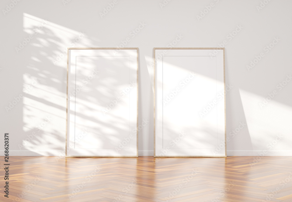 木框架倾斜在明亮的白色内部，带有木地板模型3D渲染