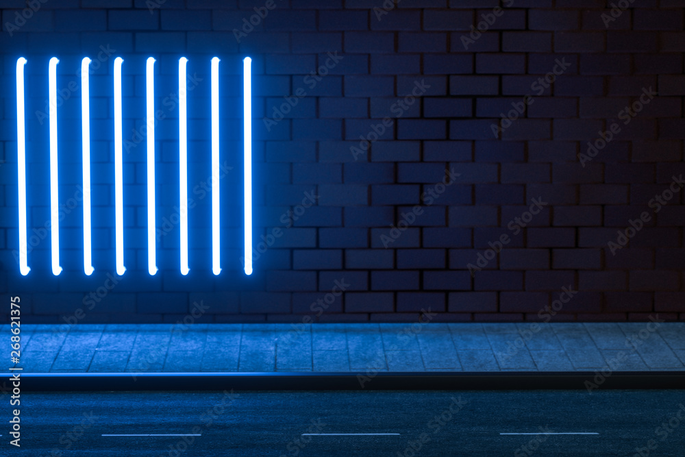 砖墙背景的霓虹灯，3d渲染。