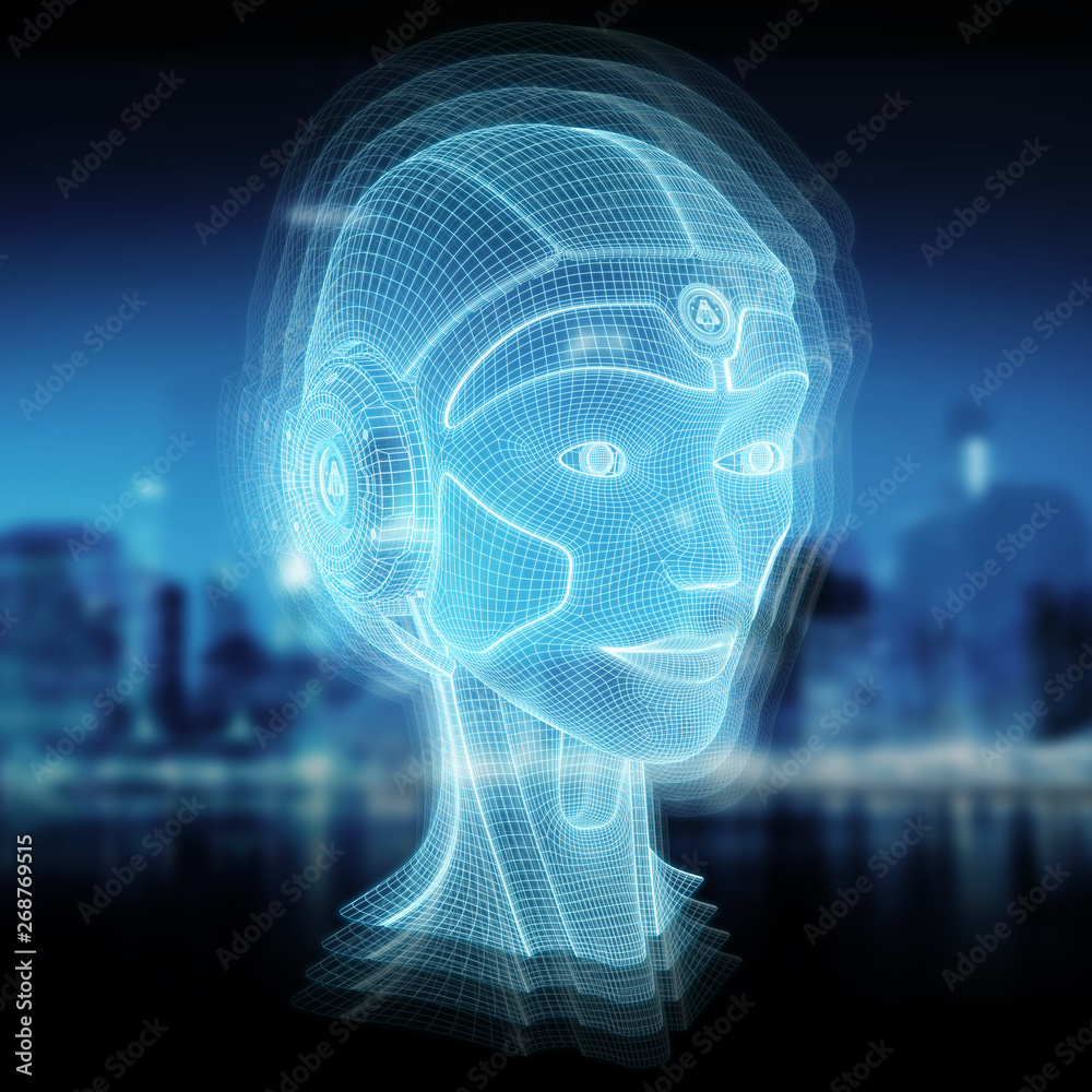代表人工智能3D渲染的线框机器人女性头部