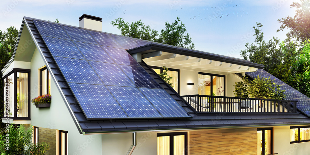 美丽现代住宅山墙屋顶上的太阳能电池板