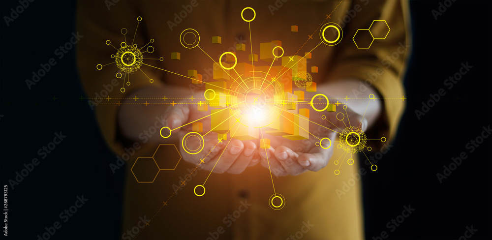 Hands holding global network connection. Blockchain technology. Data exchange. Big data stream futur