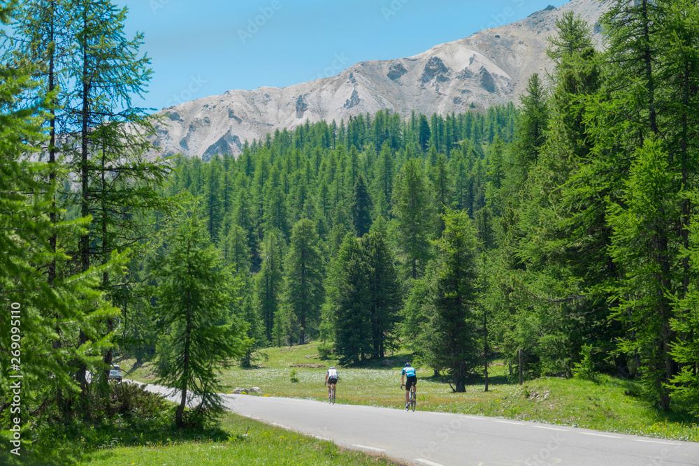 两名年轻的公路自行车手在阳光明媚的法国阿尔卑斯山上沿着风景优美的高速公路骑行。