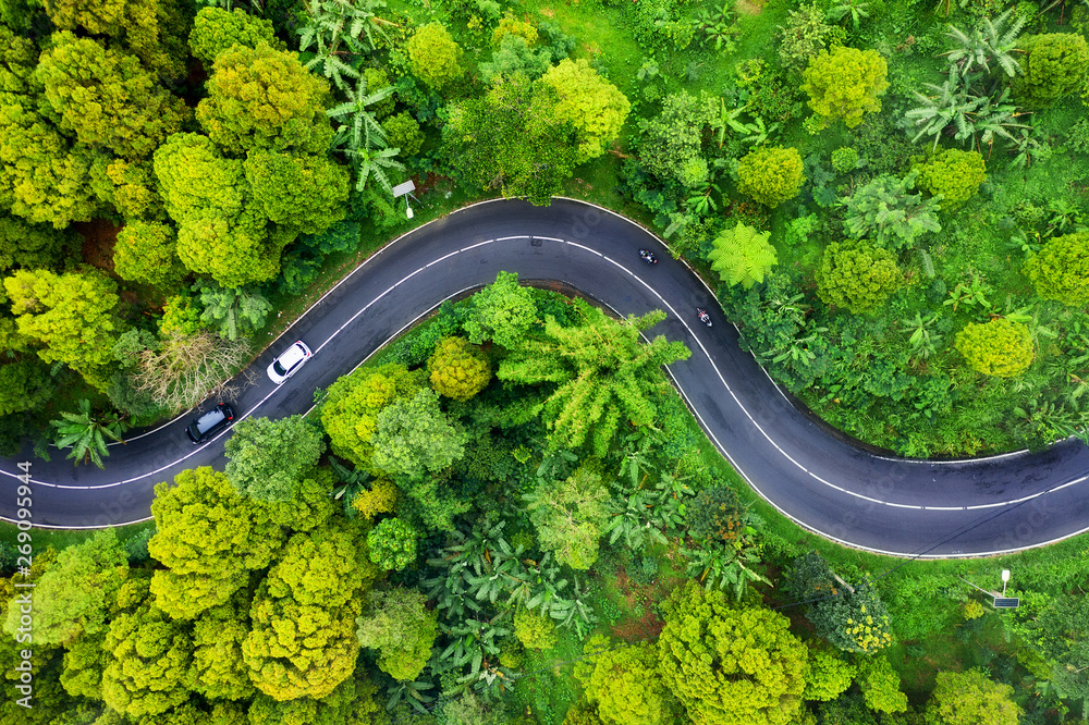 Aerial view on road in the forest. Highway throu the forest. View from a drone. Natural landscape in