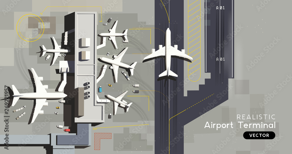 机场航站楼的俯视图，配有抵达和离开的商用飞机。物流