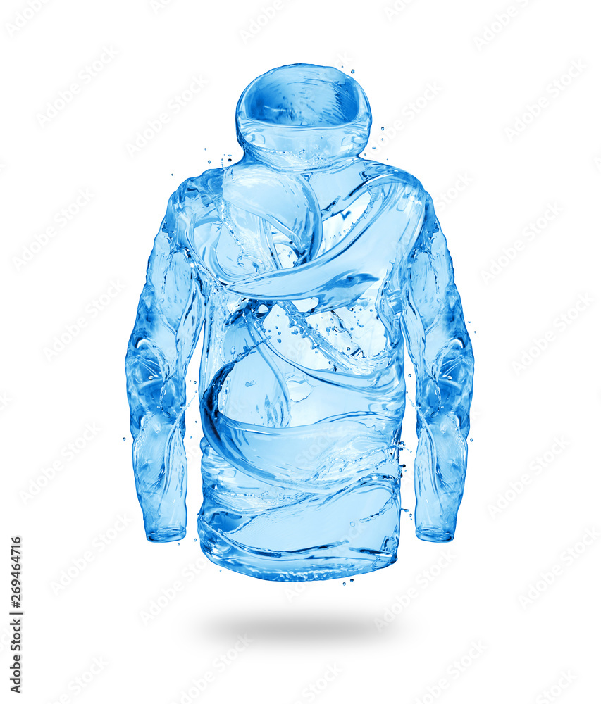 夹克是由飞溅的水制成的，白色背景上的概念图像