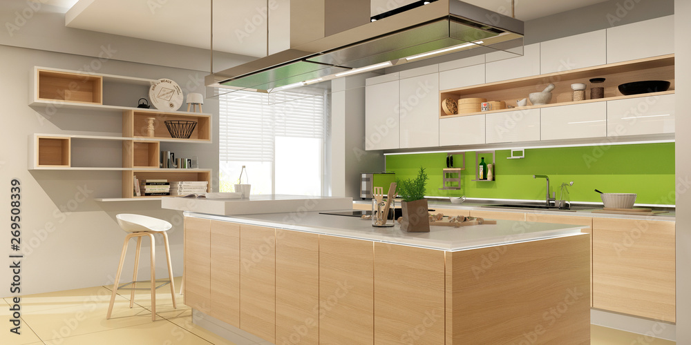 现代厨房内部。三维渲染。