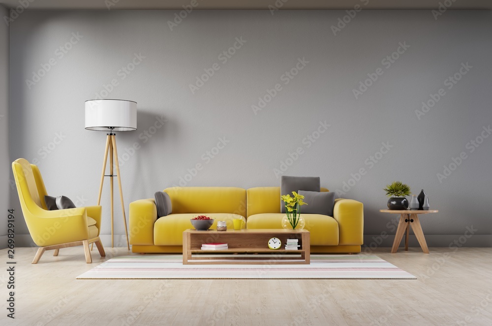 Living room with fabric yellow sofa,yellow armchair,lamp and green plant in vase on white wall backg