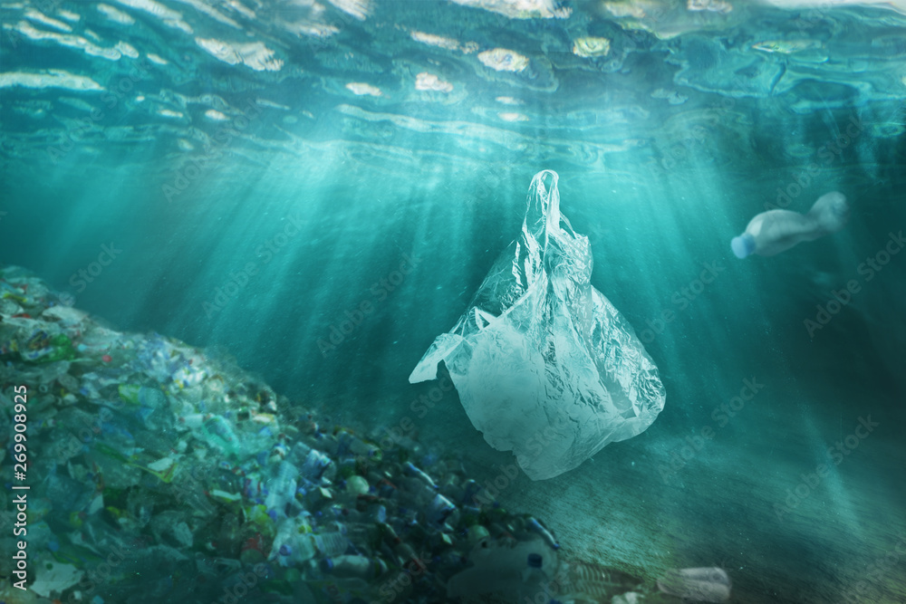 海洋中的塑料污染环境问题。塑料袋和塑料瓶污染海洋。水下t