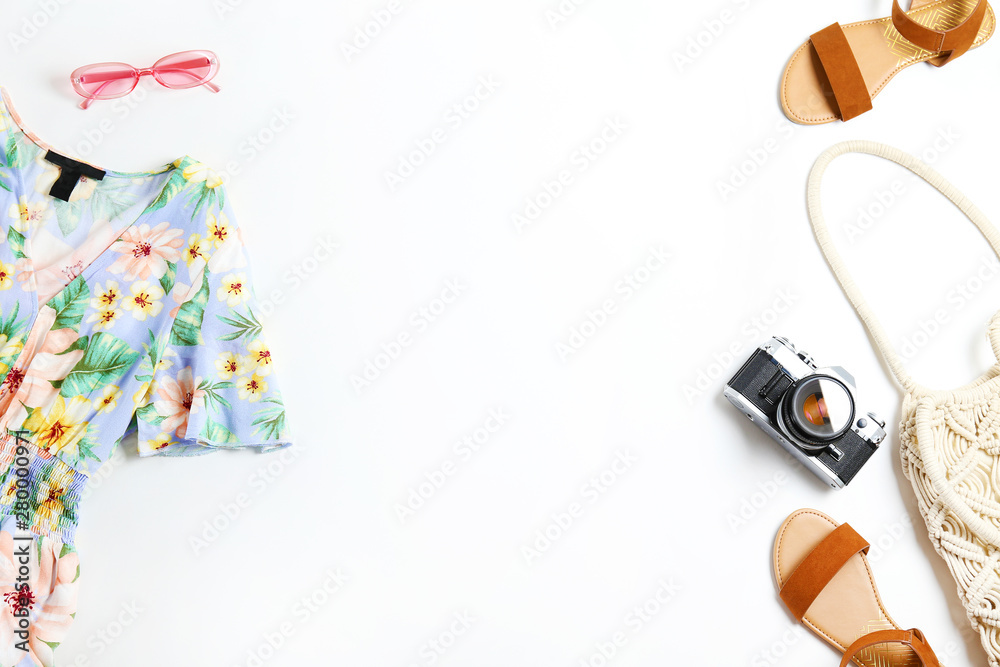 Casual fashion lookbook concept. Clothing and accessory items on white isolated background with a lo
