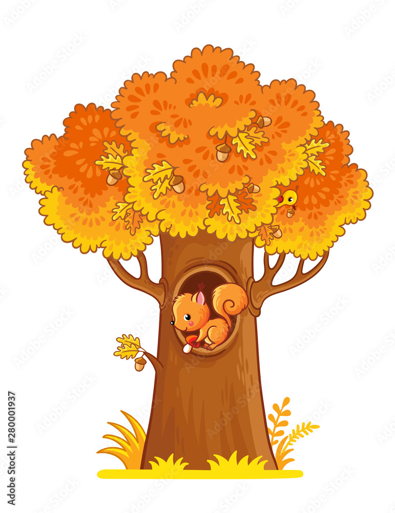 一棵秋天的黄色树和一只松鼠在空心里的风插图。
