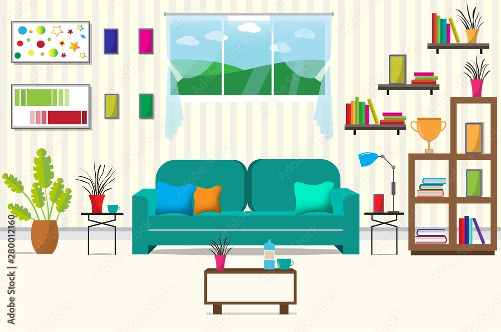 带家具的客厅。有很多东西，比如书、柜子、窗户、灯、小树