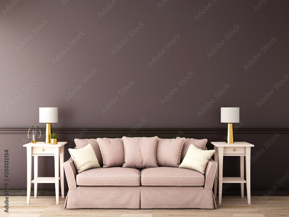 客厅或接待处的室内设计，木地板背景的经典沙发/3d插图
