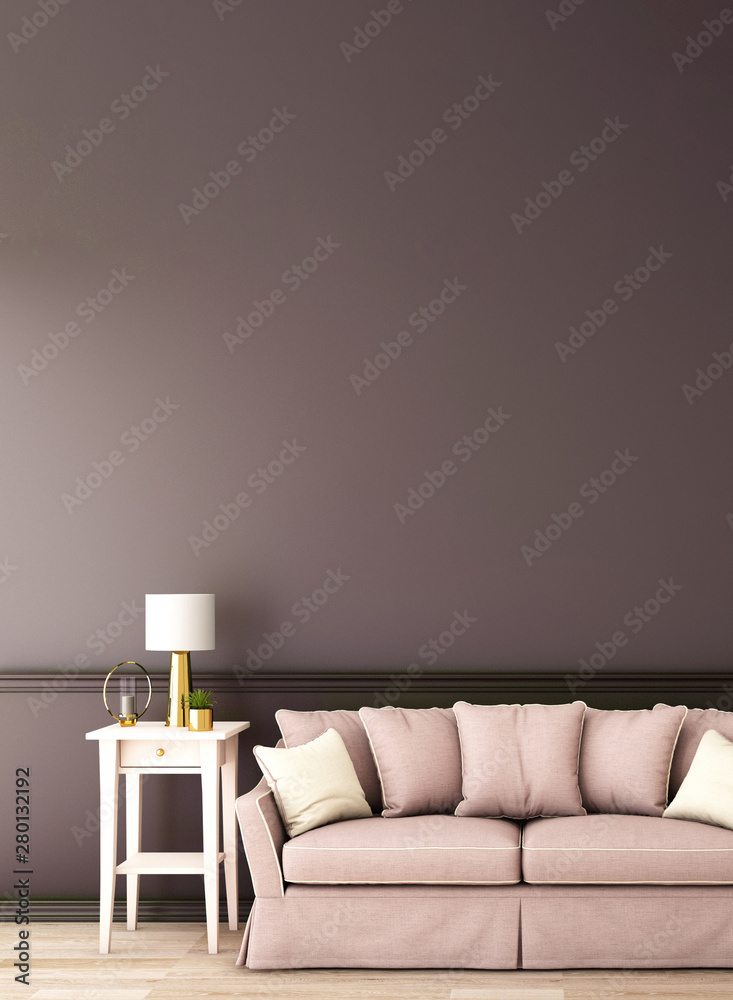 客厅或接待处的室内设计，木地板背景上的经典沙发/3d插图