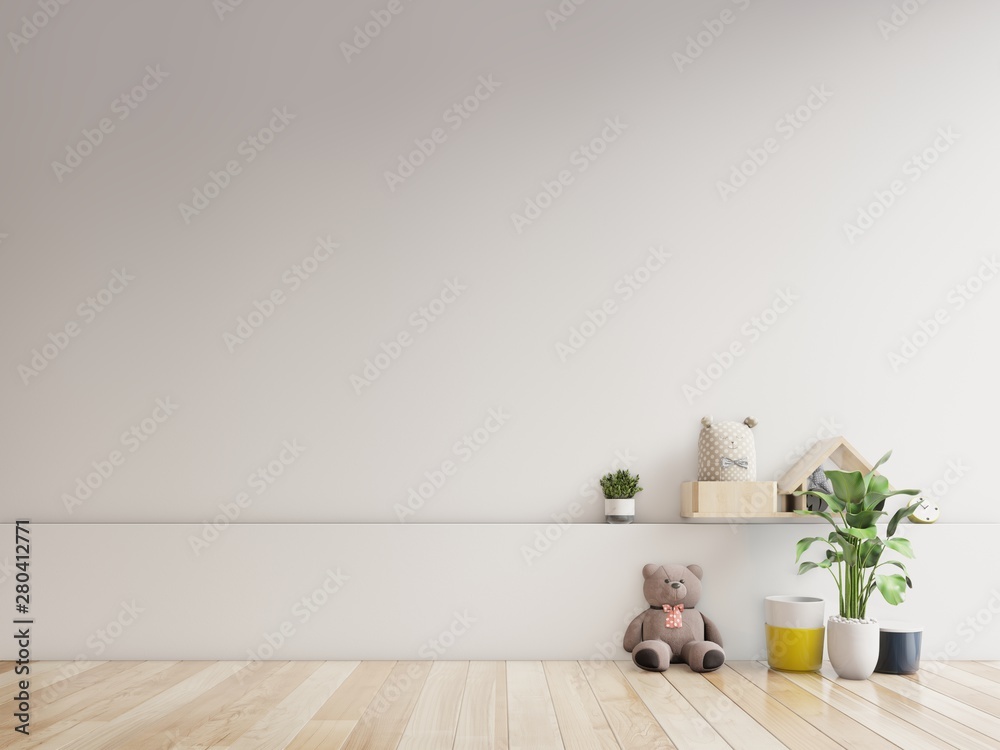 泰迪熊和兔子玩偶在儿童房的墙壁背景上。3D效果图