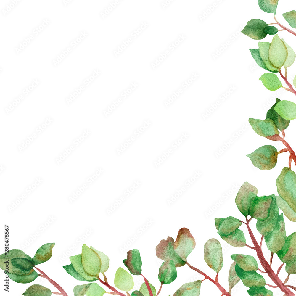 角落里的水彩手绘自然构图，带有绿叶和树枝花束