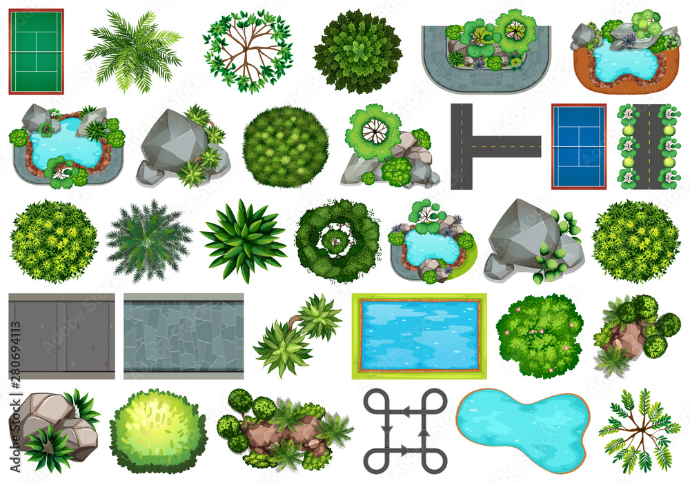 Collection of outdoor nature themed objects and plant elements