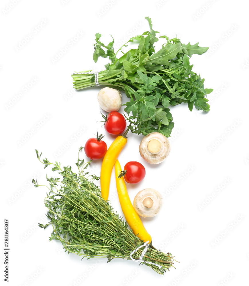 Different fresh herbs, tomato and mushrooms on white background