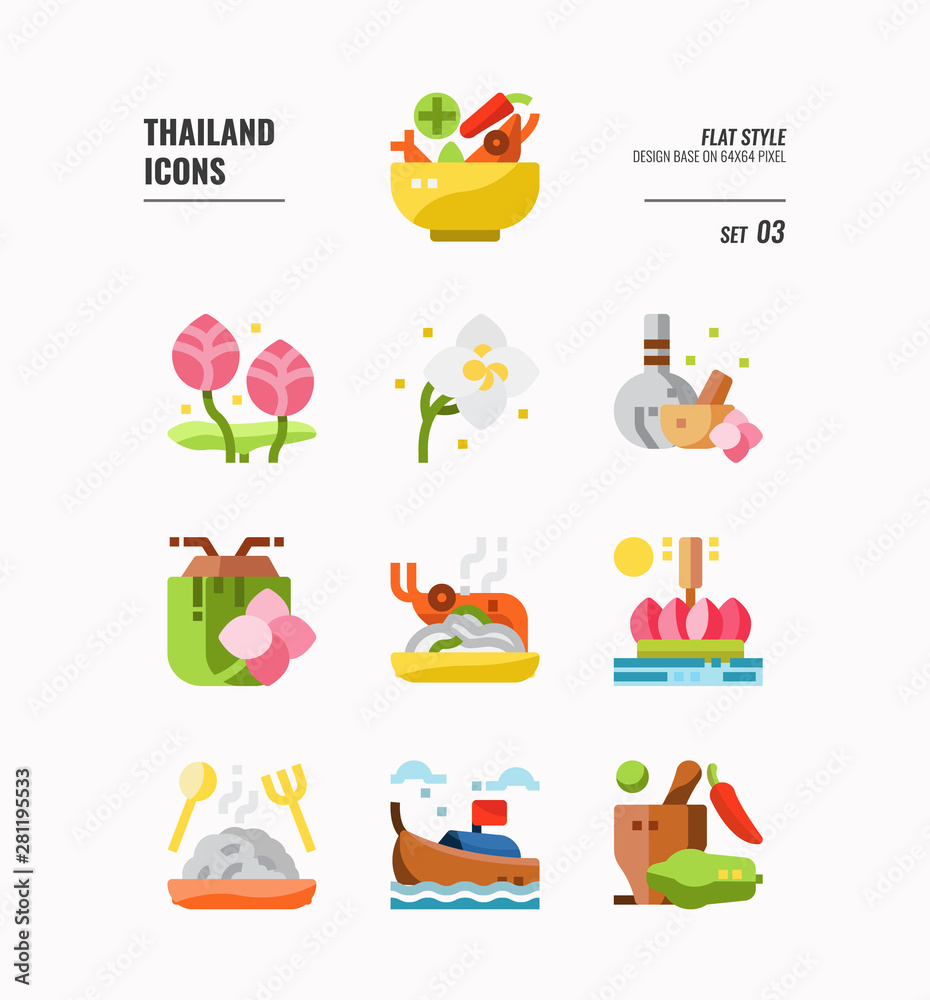 泰国图标集3。包括食物、鲜花、节日、地标等。平面图标设计。矢量