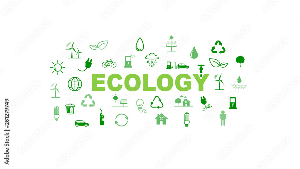 带有平面图标的可持续发展和生态概念的绿色商业模板和背景