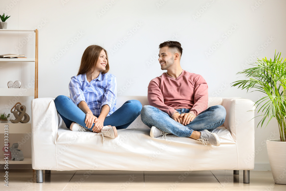 幸福的年轻夫妇一起在家的沙发上休息