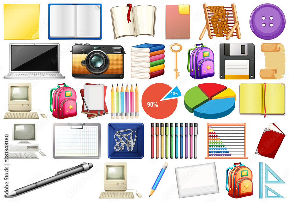 Office eqipment with books, computers, stationary and educational supplies