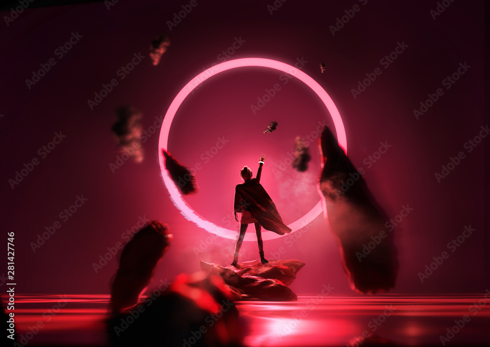 Futuristic fantasy glowing red loop with a person reaching up into it. Conceptual portrait 3D illust
