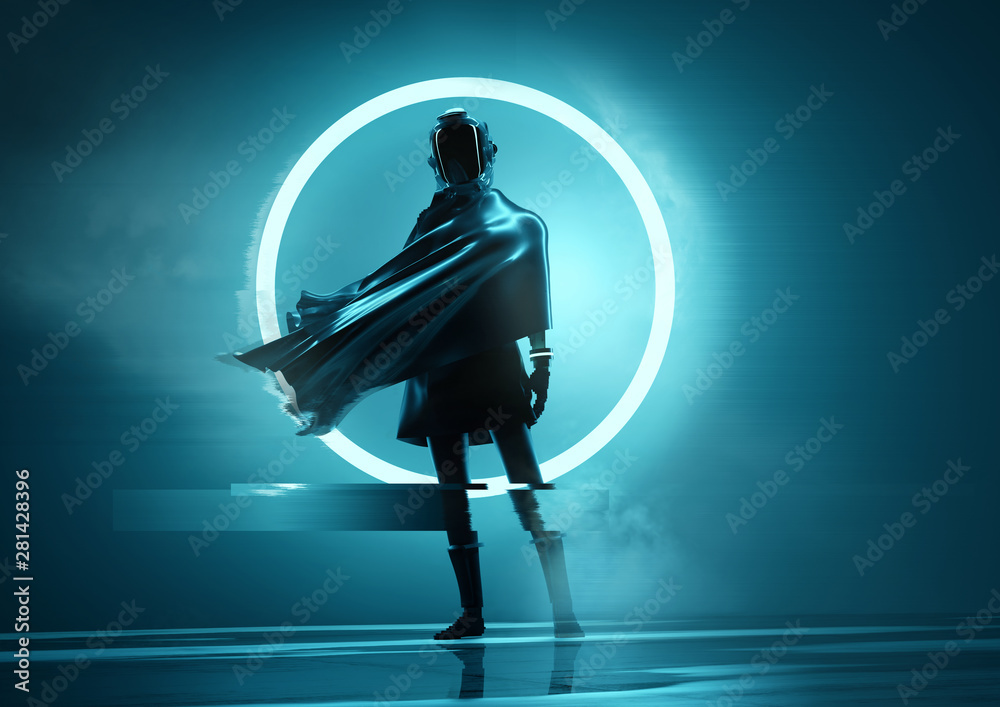 A futuristic space women astronaut standing in front of the camera with a glowing neon circle in the