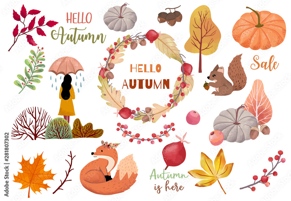 秋季物品收藏，包括枯树、松鼠、橡子、树叶、女人。贴纸、明信片的插图
