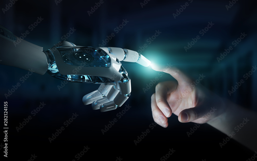 机器人手在黑暗背景3D渲染上与人类手接触