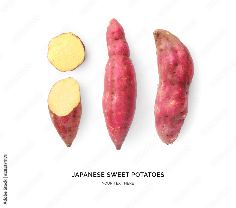 Creative layout made of sweet potato. Flat lay. Food concept. Japanese sweet potato on white backgro