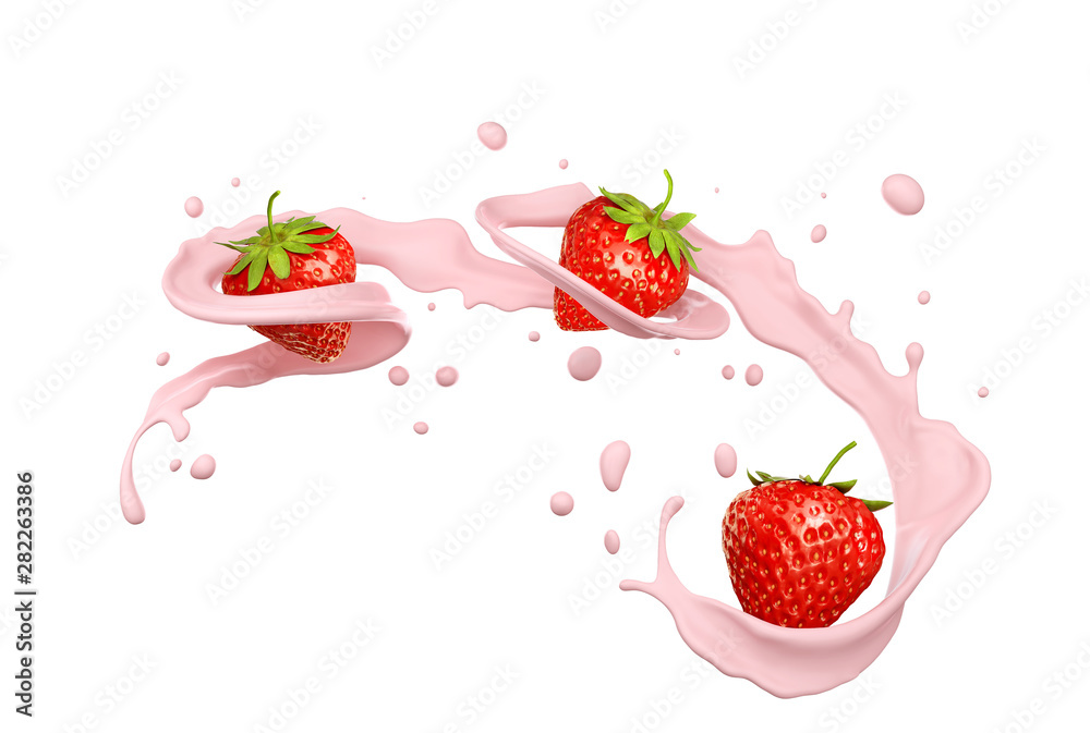 白色背景下的草莓牛奶飞溅，3d插图。