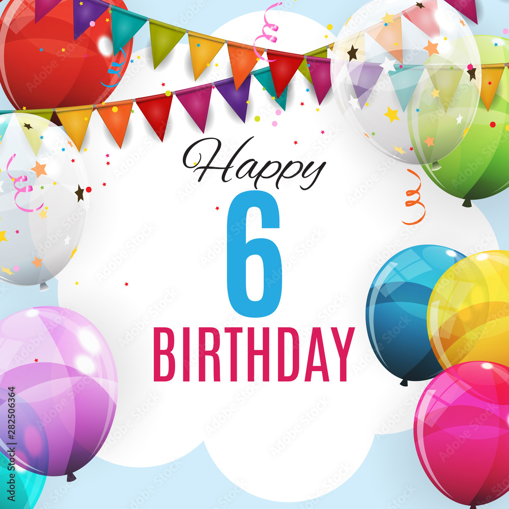 Cute Template 6 Years Anniversary. Group of Colour Glossy Helium Balloons Background. Vector Illustr
