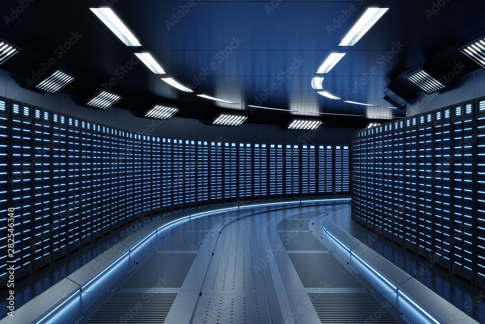 Science background fiction interior rendering sci-fi spaceship corridors blue light,Server Room Netw