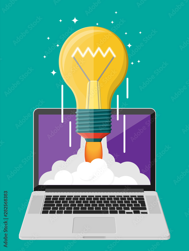 Light idea bulb launching into space from laptop screen. Startup, idea, creativity, innovation. Crow